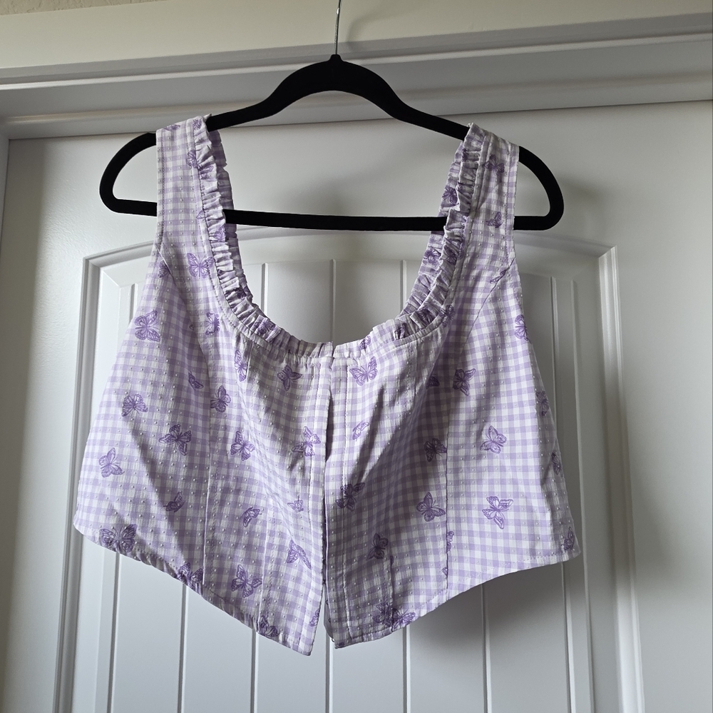ELODIE Gingham Corset Cropped Top With Butterflis- Purple - XL